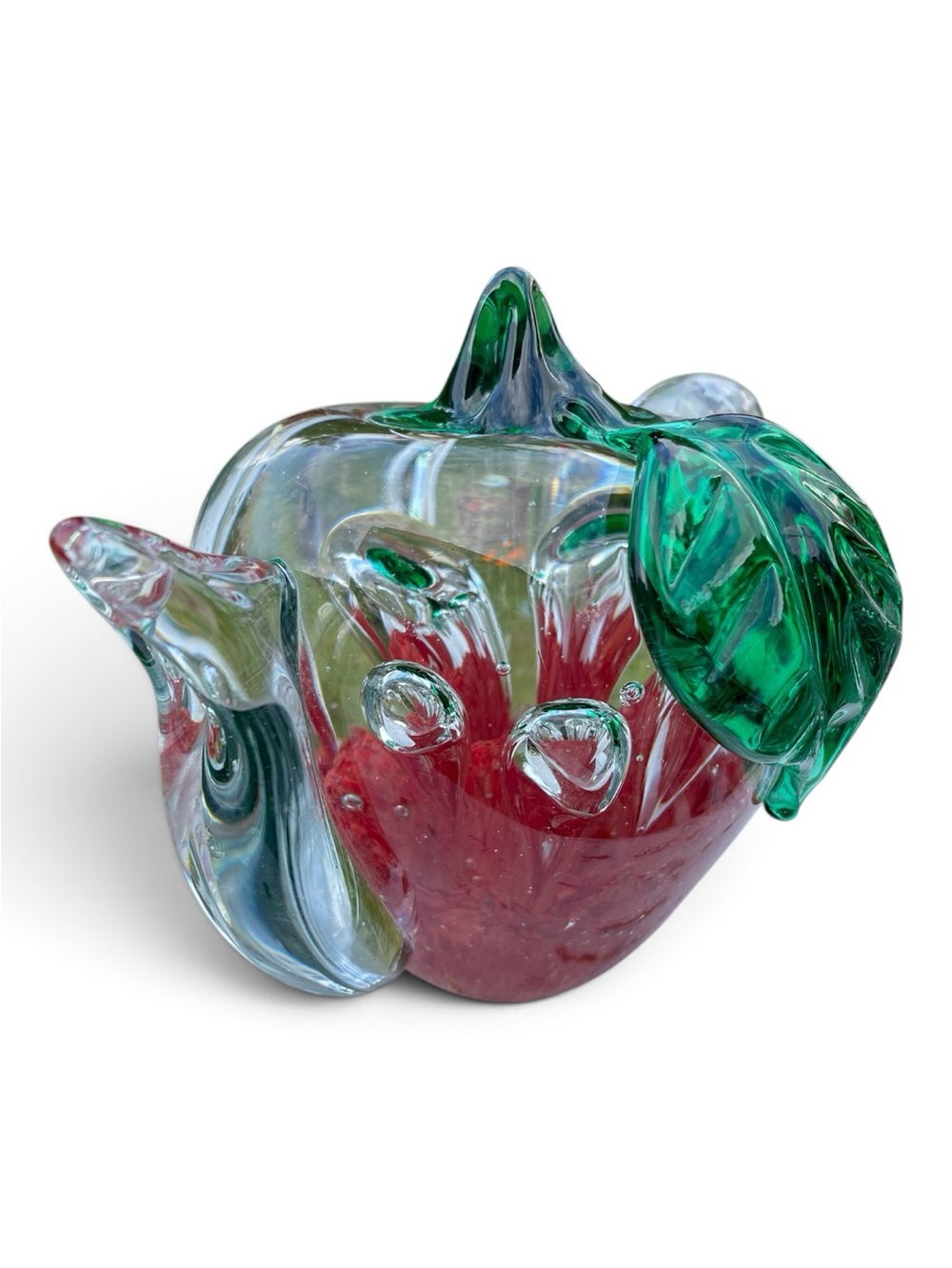 Vintage glass paperweight, hand blown with bubble flower inside, Murano style